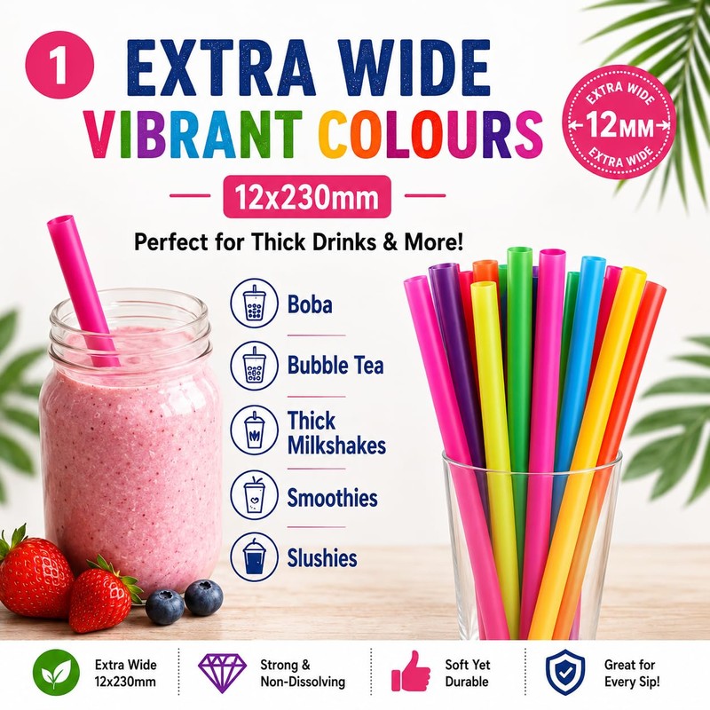 100-Pack Extra Long Wide Straight Straws – 8 Vibrant Colours