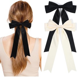 2PCS Hair Bows for Women Clip Hair Ribbon Accessories Bowknot Long Barrettes for Women (Beige,Black, 23.8 * 14.7CM)