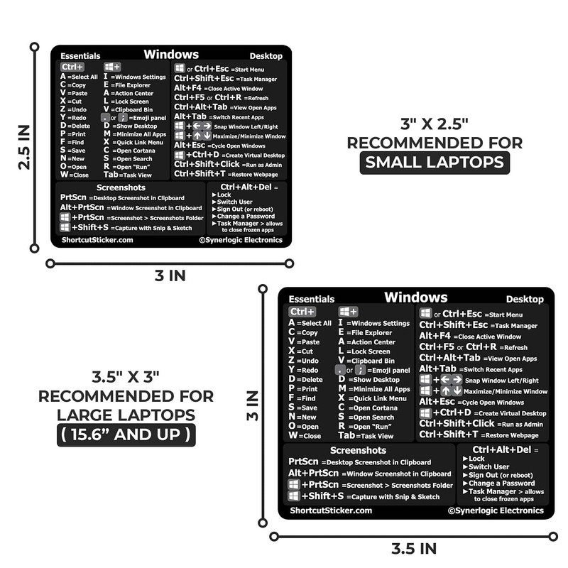 Synerlogic (100pcs) Windows PC Reference Keyboard Shortcut Sticker | Vinyl,