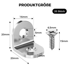 VOCIBO® Angle Connectors, Metal Angle 90 Degrees, 20 x 20 mm, Stainless Steel, Small Angle with Screw for Mounting Angle Bracket, Furniture, Table, Chair, Bookshelf, Pack of 20