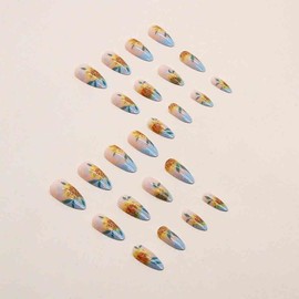 Enppode Almond Press on Nails Long Fake Nails Blue Nails French Tips Nails with Sunflowers Design Glossy Nails for Women 24 PCs