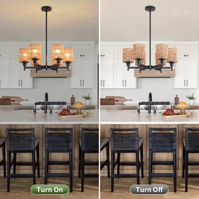 Giawosth 6-Light Black Rattan Chandelier for Kitchen Island, Farmhouse Boho