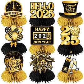 New Year Table Decorations 2025,9pcs Happy New Year Honeycomb Centerpiece Black and Gold New Years Eve Table Centerpiece,New Years Eve Party Supplies 2025 for New Years Celebratory