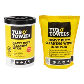 Tub O' Towels Heavy Duty, 10" x 12", Multi-Surface Cleaning Wipes, 90-Count Canister & Refill Pack, White