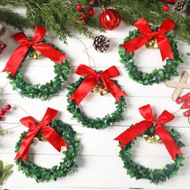 Syhood 12 Pcs Mini Christmas Wreaths with Gold Bells Small Kitchen Xmas Decor Christmas Pine Cabinet Wreaths for Window Door Holiday Indoor Home Decor(Red Bow,5.9 Inch)