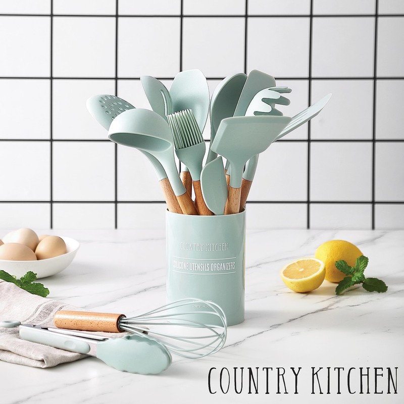 Country Kitchen Non Stick Silicone Utensil Set with Rounded Wood