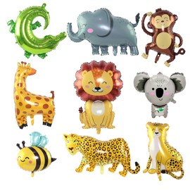 Safari Animal Foil Balloons Set - 9 Giant Jungle Balloons (50-90CM) for Kids' Birthday & Animal- Jungle Themed Party Decorations, Includes Lion, Giraffe, Elephant, and More