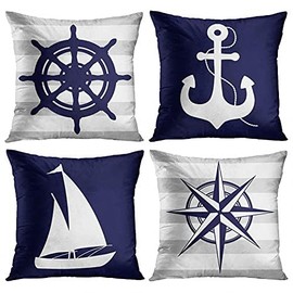 Emvency Set of 4 Throw Pillow Covers Summer Nautical Costal Navy Blue White and Gray Stripe Helm Anchor Boat Star Decorative Pillow Cases Home Decor Standard Square 24x24 Inches Pillowcases