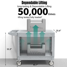 Wanmwill Utility Cart on Wheels, Heavy Duty Large Flat Top Rolling Service Cart, 46 x 25 Inch Work Carts, 2 Shelf 1000 lbs Capacity Plastic Tool Cart, for Warehouse, Garage, Cleaning, Gray