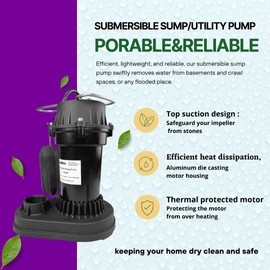 Rainbro 1/2 HP Thermoplastic Submersible Sump Pump With Vertical Float Switch, Utility Pump, Model# PSU051V