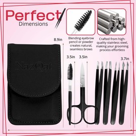 NazQat 6 Pcs Tweezers Set for Women Facial Hair, Professional Eyebrow Kit, 4x Precision Tweezers for Eyebrows with Scissors and Grooming Brush - Eyebrows Hair Pluckers with Leather Travel Case
