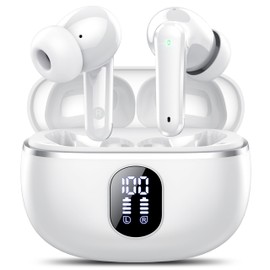 Wireless Earbuds, Bluetooth 5.3 Headphones with Noise Cancelling Mic, Deep Bass Stereo, IP7 Waterproof, 50H Playtime, LED Display, in Ear Earphones for Sports, Work, Travel, White