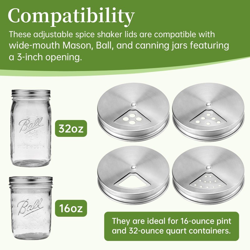 Wide Mouth Adjustable Spice Shaker Lids Fit Mason Jars &