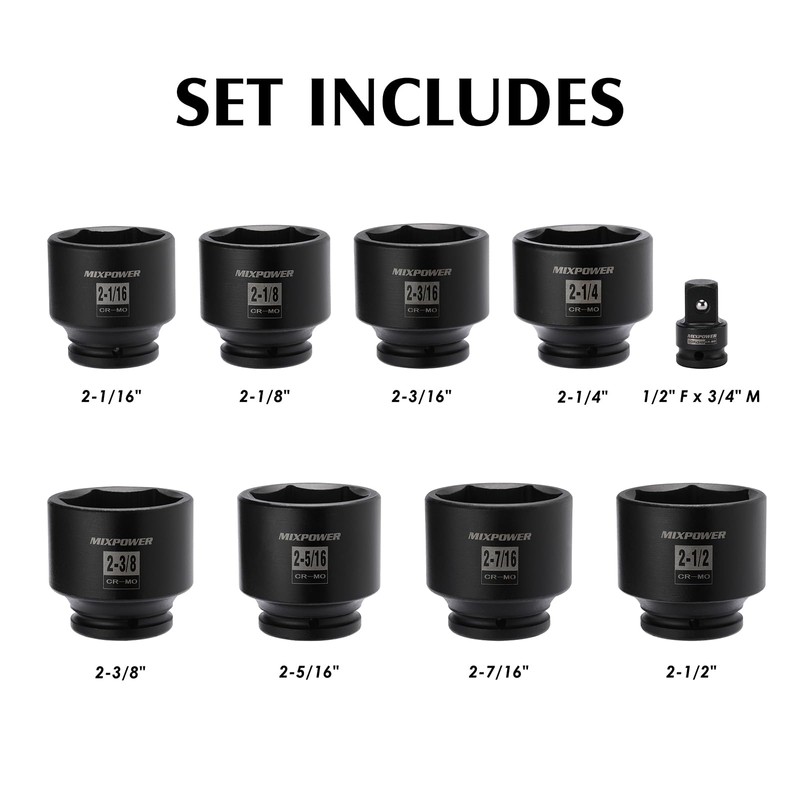 MIXPOWER 9 Pieces 3/4-Inch Drive Impact Socket Set, CR-MO, 6