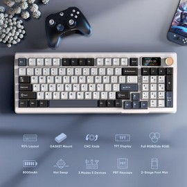 RedThunder K95 Wireless Mechanical Keyboard, TFT Screen & Knob, Tri-Mode BT5.0/2.4GHz/USB-C Hot Swappable Custom, Pre-lubed Linear Switches, Gasket Structure, RGB Gaming Keyboard, Snowy White-Blue