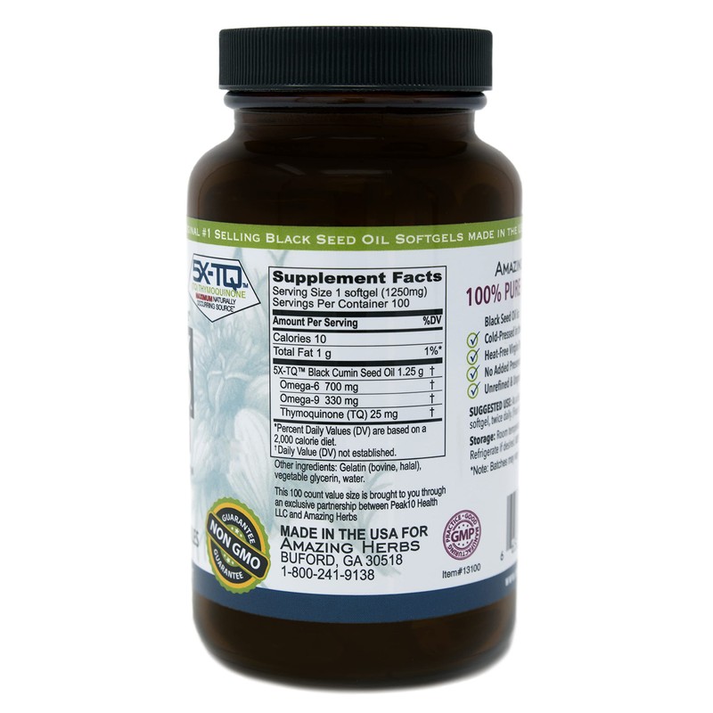 Amazing Herbs Black Seed Oil Pills 1250mg, 100 Softgel Capsules
