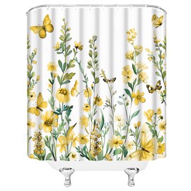 GCTNBJL Floral Plant Shower Curtain Boho Watercolor Flower Leaves Herbs Botanical Wildflower Rustic Nature Yellow Green Bathroom Home Curtain with Hooks,70x70 Inch