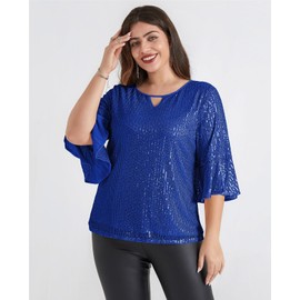 Hanna Nikole Sequin Ruffle Tops for Women Long Sleeve Sparkly Dressy Tops Ruched Wrap Blouse Party Club Shirts Blue 18Plus