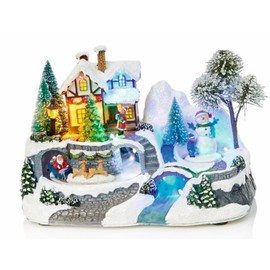 Large LED Light Up Christmas Animated Traditional Village Snow Scene with Three Rotating Turntables