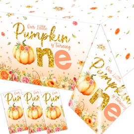 3pcs Little Pumpkin First Birthday Decorations for Girl, Our Little Pumpkin is Turning One Tablecloth, Floral Pumpkin First Birthday Table Cover for Fall Autumn Thanksgiving Party Supplies
