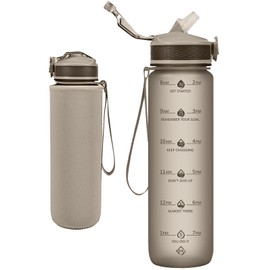 Newfad Water Bottle with Straw, Motivational 32 oz Water Bottles with Time Marker & No Sweat Sleeve, BPA Free Leak Proof Gym Bottle with Times to Drink