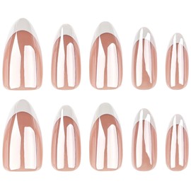 Short French Tip Press On Nails - White Almond Shape - 30 Soft Gel Fake Nails in 15 Sizes - Reusable Semi-Transparent Stick On - Classic Look for Women - Easy Press-On Application