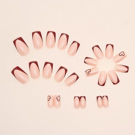 Valentine's Day Square Press on Nails Medium - Red French Tip Press on Nails Heart Patterns Wine Red Tips Fake Nails Full Cover False Nails Glossy Stick on Nails for Women Girls, 12 Sizes, 24PCS
