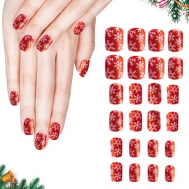 Christmas False Nials Short, Christmas Press on Nail, Glitter Red Snowflkes Stick on Nails for Women, Acrylic Ballerina False Nails with Double-side Glue for Women Girls Nail Art Accessories A9HXHMJ