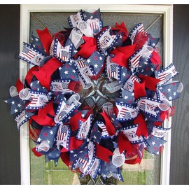 Patriotic USA 4th of July Deco Mesh Front Door Wreath, Memorial Day, Labor Day, Military, Fourth Decor, Indoor Outdoor, Porch Patio Decoration, RWB