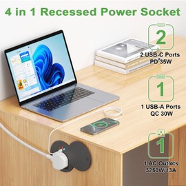 Desk Power Grommet Socket with 35W PD 2 USB C and 30W QC USB A, Recessed Power Socket with Cover, Desk Power Grommet 80mm for Furniture Office, 1.8M Extension Cord, Black, HANNELORE