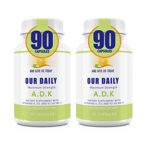 Our Daily Vites ADK Supplement - Vitamin A, D3 & K2 (as MK7) - Bone, Immune System Support - High Potency Vitamins with Non GMO Ingredients - Gluten Free, Soy Free Vegetable Capsules 180 CT
