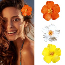 SOFISO 3Pcs Hawaiian Flower Hair Clips for Women 3.5 Inch Artificial Flower Clips Plumeria Hibiscus Hair Clip Beach Vacation Party Boho Hair Accessories for Women Girls（Orange Yellow and White）