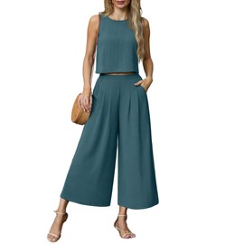 Lepunuo Women's Summer 2 Piece Outfits Sleeveless Tank Crop Top and Casual Wide Leg Pants Lounge Summer Trendy Clothes