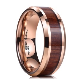 King Will Nature Koa Wood Inlay Tungsten Carbide Wedding Ring 8mm Rose Gold High Polished Comfort Fit 10