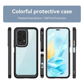 LYZXMY Protective Film for Honor 200 Lite (6.7") Case Black + Tempered Film Screen Protector - Translucent Hard Back and Soft TPU Bumper Shockproof Protective Case Cover