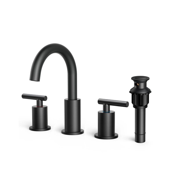 FORIOUS Matte Black Bathroom Faucet 3 Hole, 8 Inch Widespread Bathroom Faucet Black with Metal Pop-up Drain Assembly, Two Handle Vanity Faucet with cUPC Supply Lines, 8" Black Bathroom Faucet