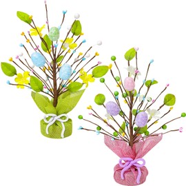 TURNMEON 2 Pack Easter Decorations, Easter Tree Tabletop with Colorful Eggs Flower Colorful Berries Easter Artificial Tree for Indoor Spring Home Party Wedding Holiday Easter Decorations for Table