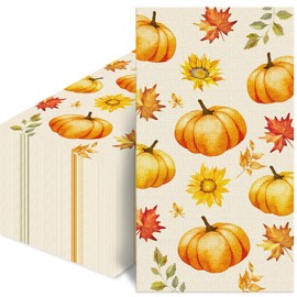 100 PCS Fall Pumpkin Paper Napkins, Thanksgiving Disposable Napkins for Harvest Party - Watercolor Leaves & Sunflower Design, Kitchen/Dinner/Decoration