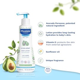Mustela Hydra Bebe loción corporal hidratante diaria para la piel normal, con perseosa natural aguacate, Nuevo empaque, 10.14 fl. oz. (2 Pack)