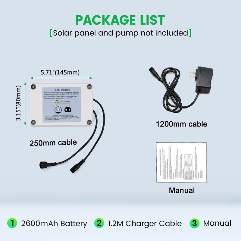 ECO-WORTHY Solar Fountain Water Pump Backup Battery 14.8V 2600mah for