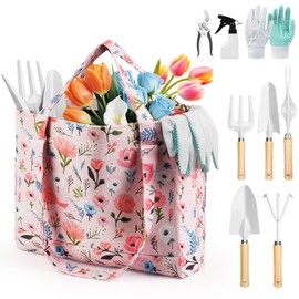 Grenebo Gardening Tools, 10-Piece Garden Tools Gift Set for Women, Rustproof and Durable Tools with Floral Organiser Bag, Gift for Gardening Women (Pink White)