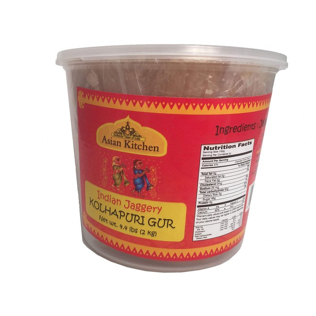 Asian Kitchen Kolhapuri Gur (Jaggery) 2kg (4.4lbs) PET Jar ~ Unrefined Cane Sugar, No Color added, Gluten Free Ingredients | Vegan | NON-GMO | No Salt or fillers