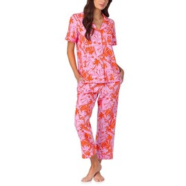Trina Turk PJs Womens Short Sleeve Notch Collar & Cropped Pants Sleepwear Pajama Set, Organic Cotton, Pink Tennis Court, Medium