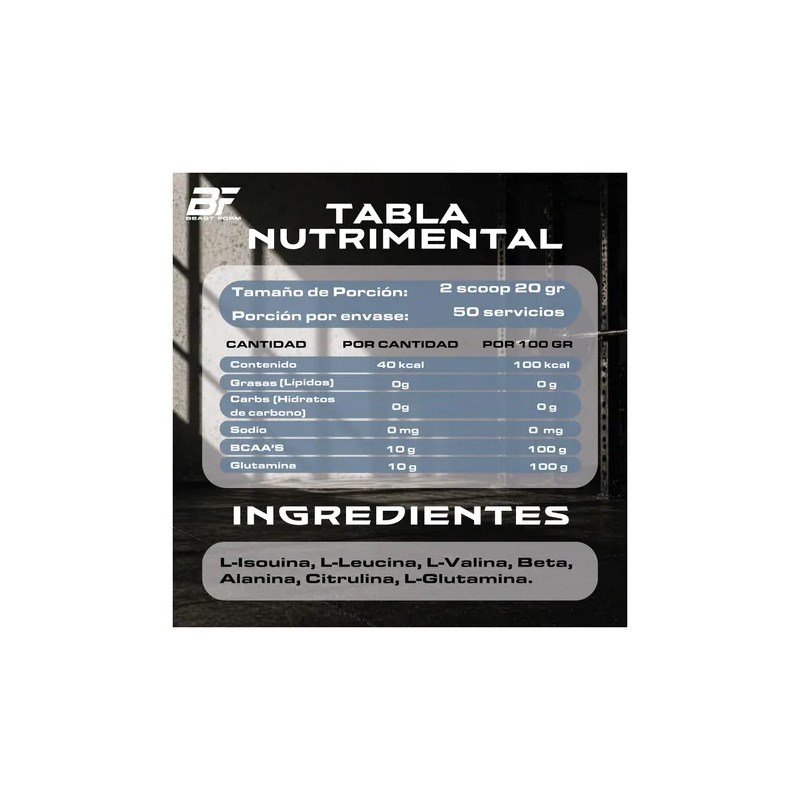 Aminoácidos Bcaas + Glutamina Beast Form 1kg De 50 Serv.