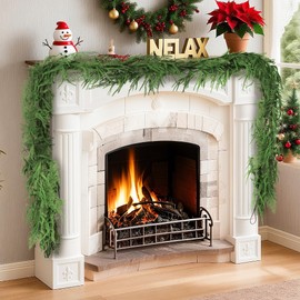 2 Pack 9FT Christmas Garland for Mantle, Artificial Real Touch Norfolk Pine & Cedar Garlands for Xmas Decoration Indoor Outdoor, Realistic Greenery Christmas Garland for Stairs Railing, Fireplace