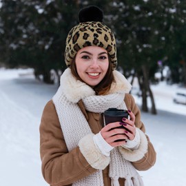 KRUIHAN Bobble Hat Women's Double Layer Warm Hat Women's Winter Leopard Print Knitted Hat Beanie Women, khaki