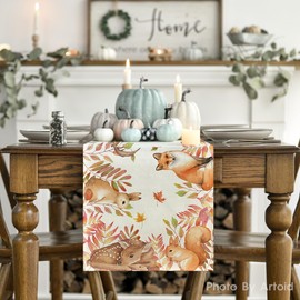 Artoid Mode Sika Deer Squirrel Birds Animals Leaves Autumn Table Runner Seasonal Kitchen Table Decoration Indoor Holiday Party Decor 40 x 140 cm