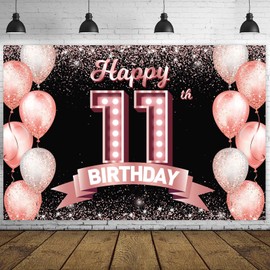 Happy 11th Birthday Rose Gold Banner Backdrop Cheers to 11 Years Old Confetti Balloons Theme Decor Decorations for Girls 11 Years Old Pink Birthday Party Bday Supplies Background Favors Gift Glitter