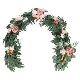 IPOPU 6Ft Artificial Eucalyptus Garland with Rose and Peony Flowers Fake Spring Flower Garland Faux Greenery Floral Garland for Table Decor Wedding Reception Party Mantle Decorations (Dusty Pink)