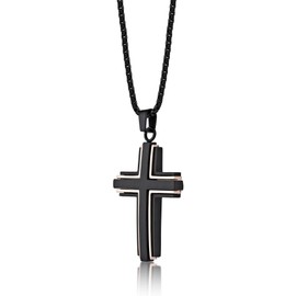 Metro Jewelry Cross Pendant Necklace for Men in Stainless Steel with Black and Rose Ion Plating 24 Inches Long Lobster Claw
